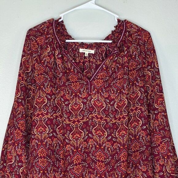 Max Studio Burgundy Paisley Balloon Sleeve Chiffon Blouse Size Large - Picture 2 of 11